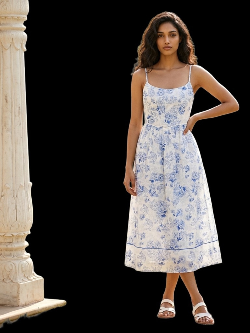 Trixxi Cream Midi Dress with Blue Floral Print